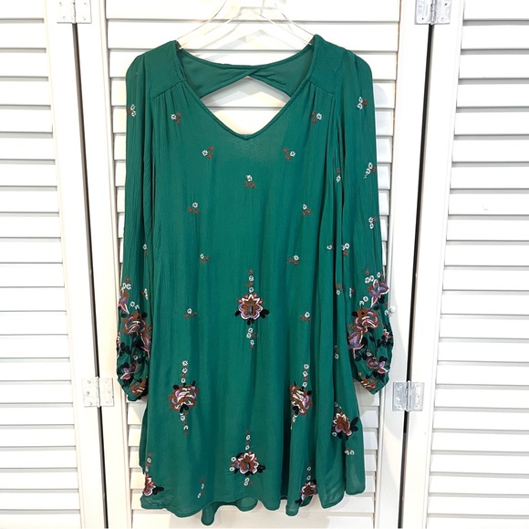 Free People Green Oxford Floral Embroidered Long Sleeve Mini Dress